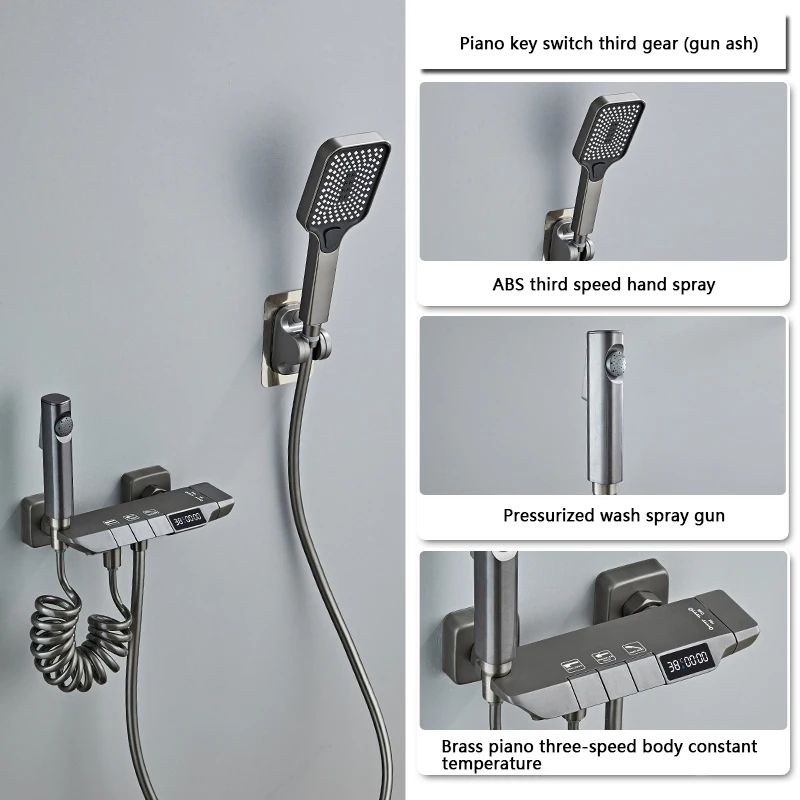 Modern Grey Piano-Key Digital Display Shower System – 2-Way Wall Mounted Shower Set with Tub Spout