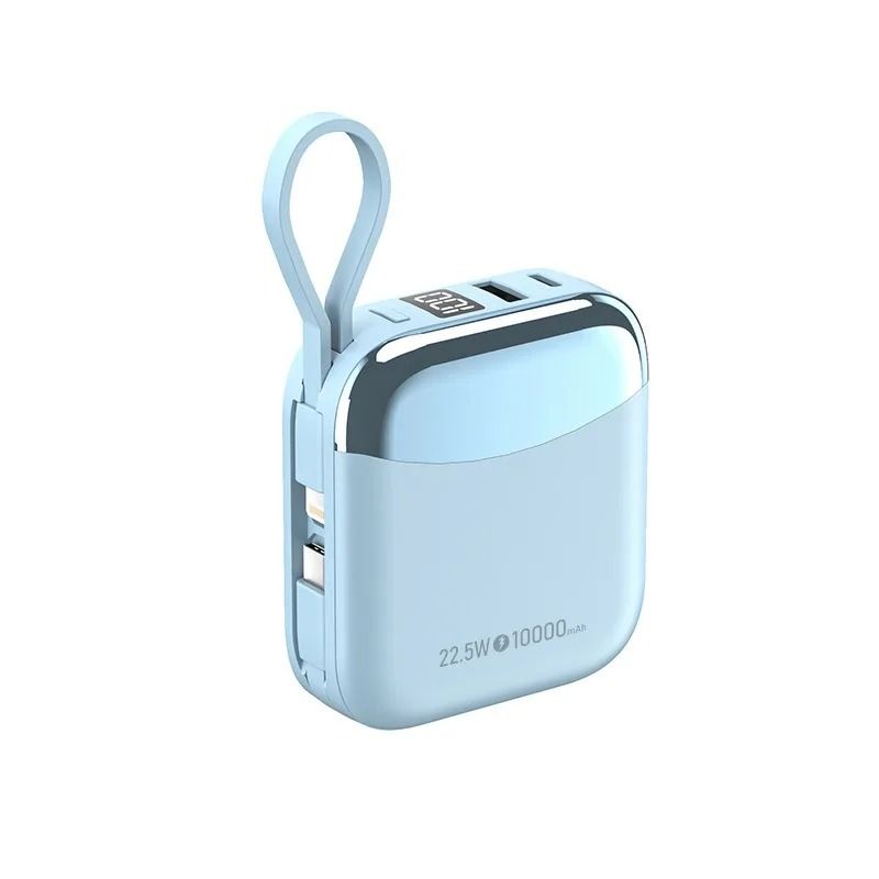 Mini Palm Power Bank – 10000mAh Ultra-Compact External Battery with 22.5W Fast Charge & Built-In Cables