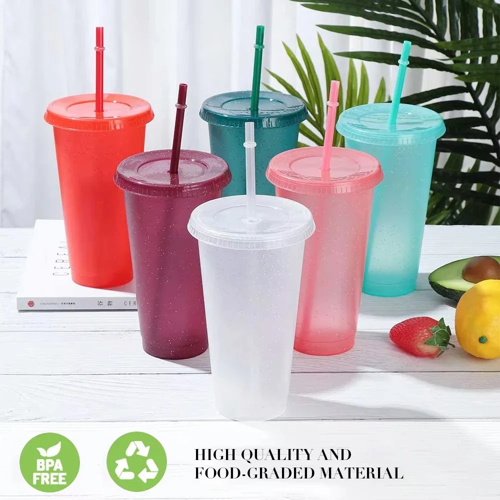 Reusable Glitter Party Cups with Lids and Straws for Summer Drinks and Events