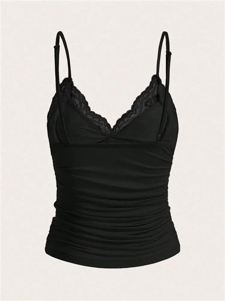 Sexy Lace Bow Front Crop Cami Top – Ruched Backless Y2K Grunge Summer Tank