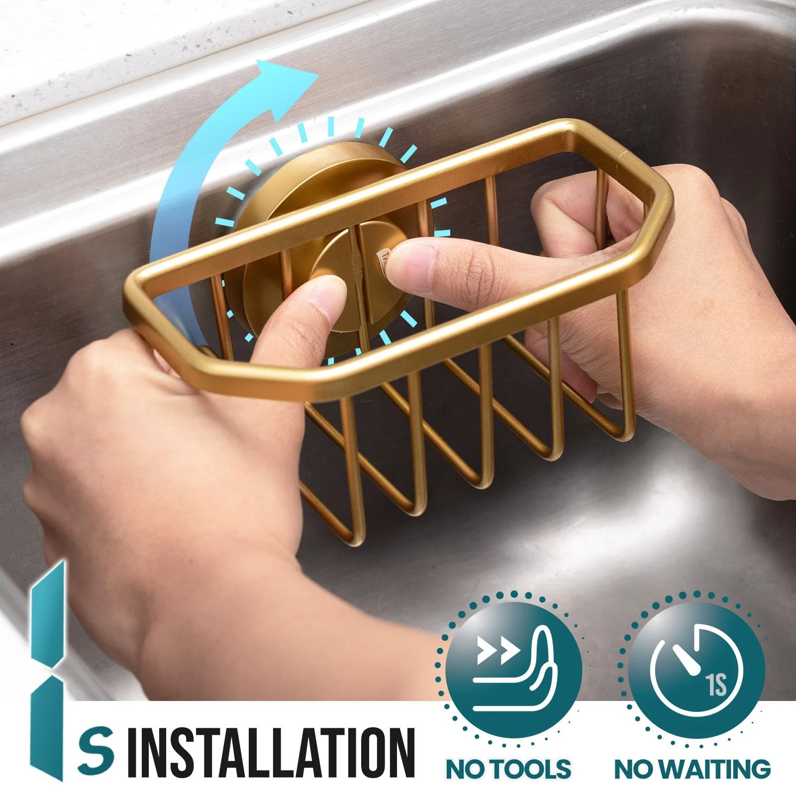 Gold Kitchen Sink Caddy – Rustproof Aluminum Sponge & Brush Holder with Strong Suction