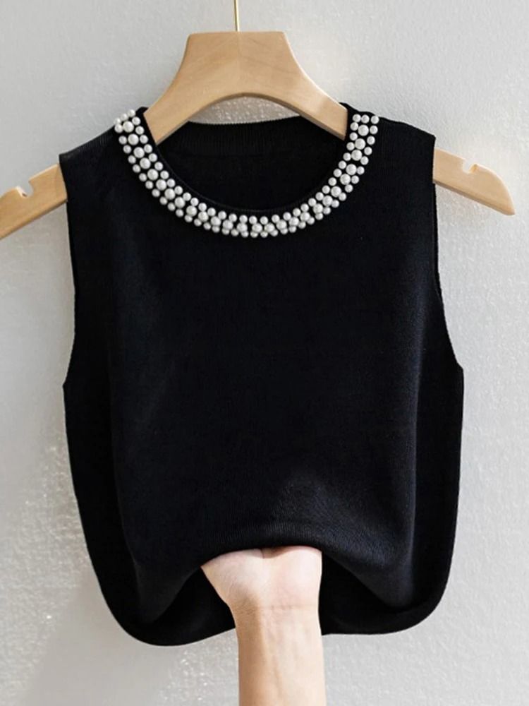 Knitted Sleeveless Beaded Tank Top Women Solid Summer Thin Fashion Vest