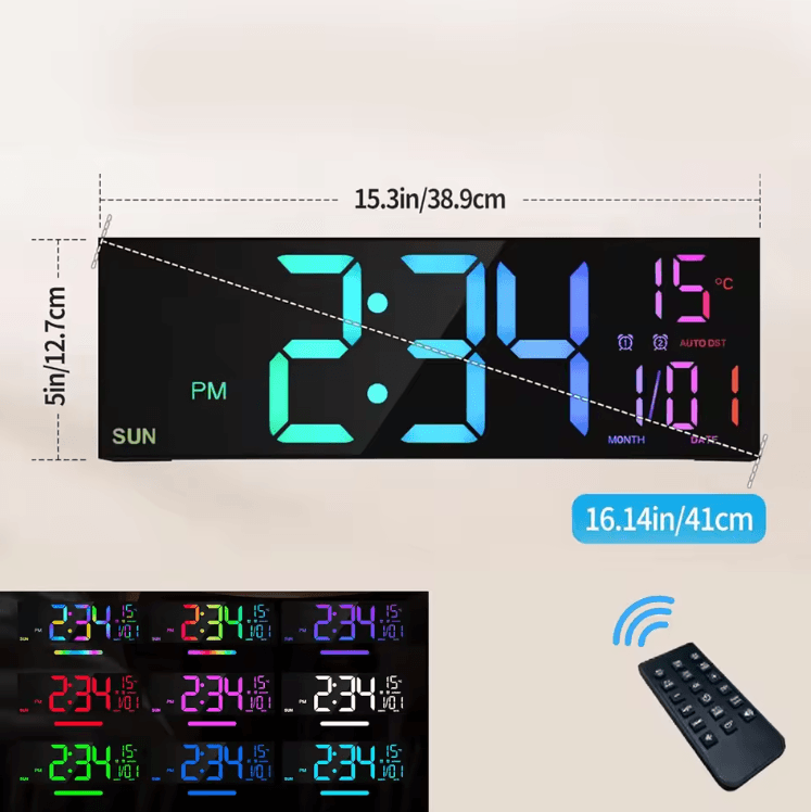 16.2 RGB Large Digital Wall Clock with Remote Control & Dual Alarm Display