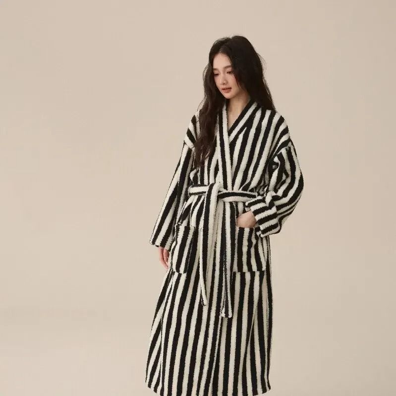 Thickened Flannel Robe & Pants Pajamas Set – Professional Autumn/Winter Striped Couples Home Clothes