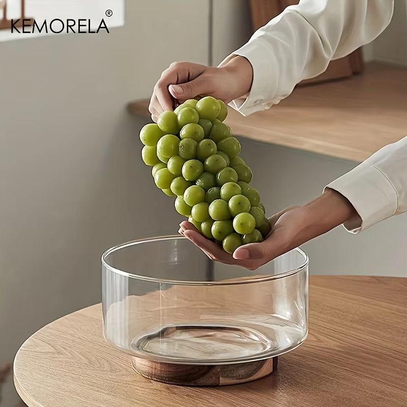 Large Clear Glass Bowl with Wooden Base – Fruit, Salad, Snack and Popcorn Serving Bowl