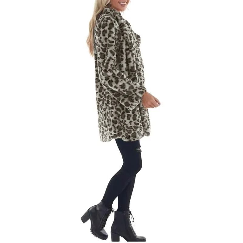 Womens Leopard Faux Fur Coat | Premium Winter Streetwear Overcoat & Casual Turn-Down Collar Jacket