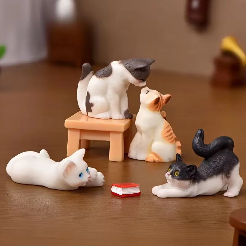 6-Piece Vintage Mini Cat Figurines Resin Set Cute Decorative Collectible for Desk and Fairy Garden