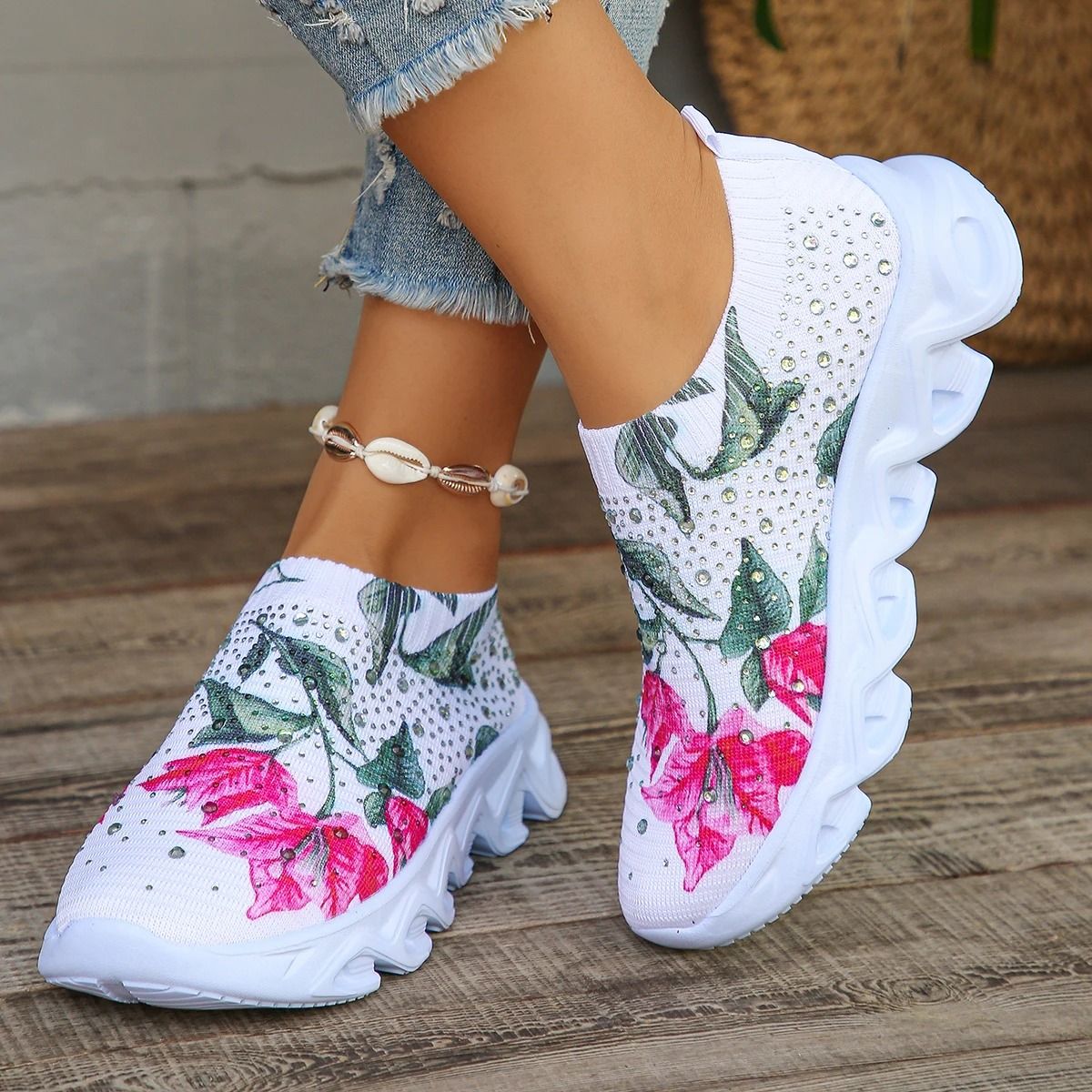 Crystal Floral Knitted Sneakers – Breathable Mesh Lightweight Walking Shoes for Women