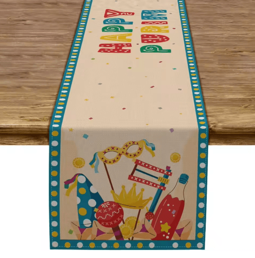 Happy Purim Linen Table Runner Festive Carnival Mask & Crown Holiday Table Decor