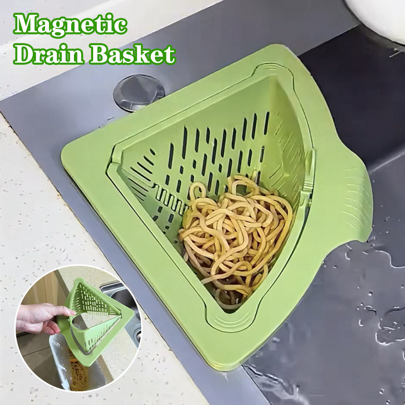Magnetic Corner Sink Strainer, Triangular Draining Basket for Sink, Twist-Open Bottom Kitchen Filter Rack