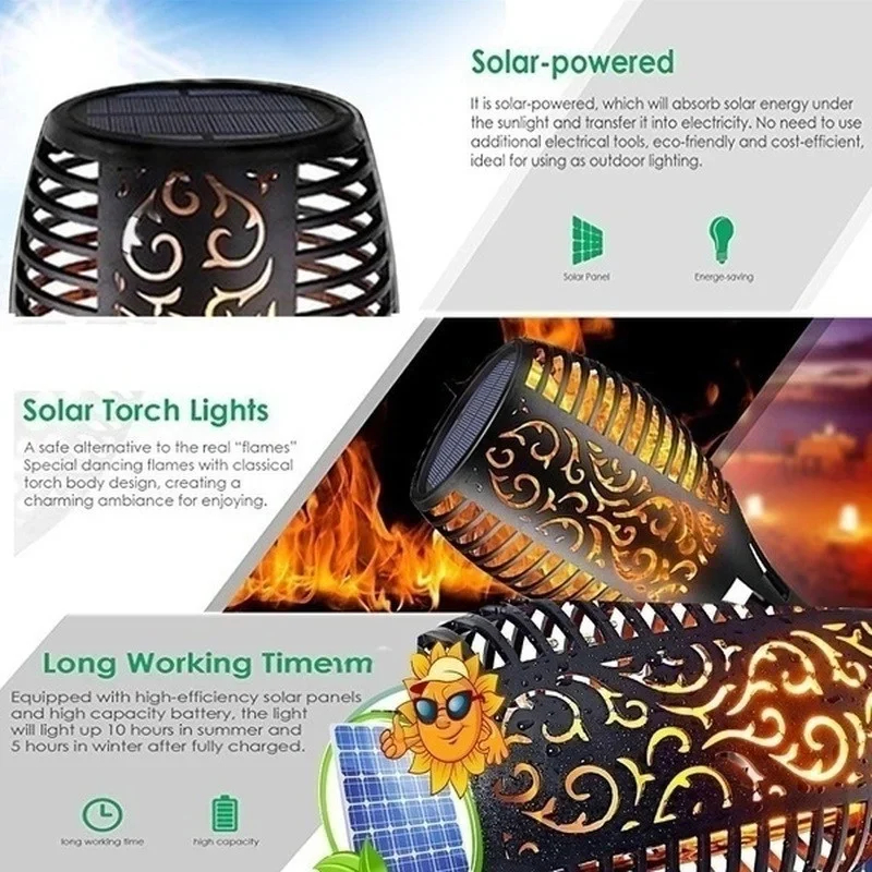 Solar Flame Torch Light Waterproof Outdoor Garden Flickering LED Lights for Yard Patio Path