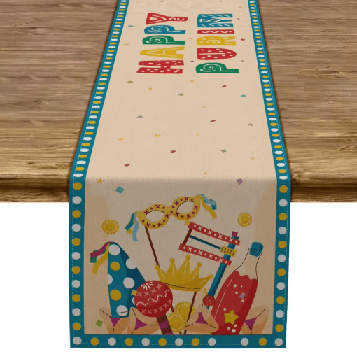 Happy Purim Linen Table Runner Festive Carnival Mask & Crown Holiday Table Decor