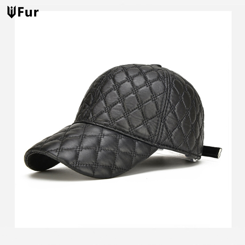 Genuine Sheepskin Leather Black Baseball Cap for Men, Spring Adjustable Dad Hat, Casual Street Gorras Style