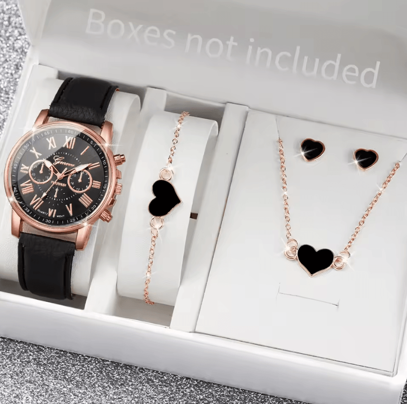 Fashion Womens Quartz Watch Set with Leather Bands and Heart Rhinestone Accent (5/6 PCS)