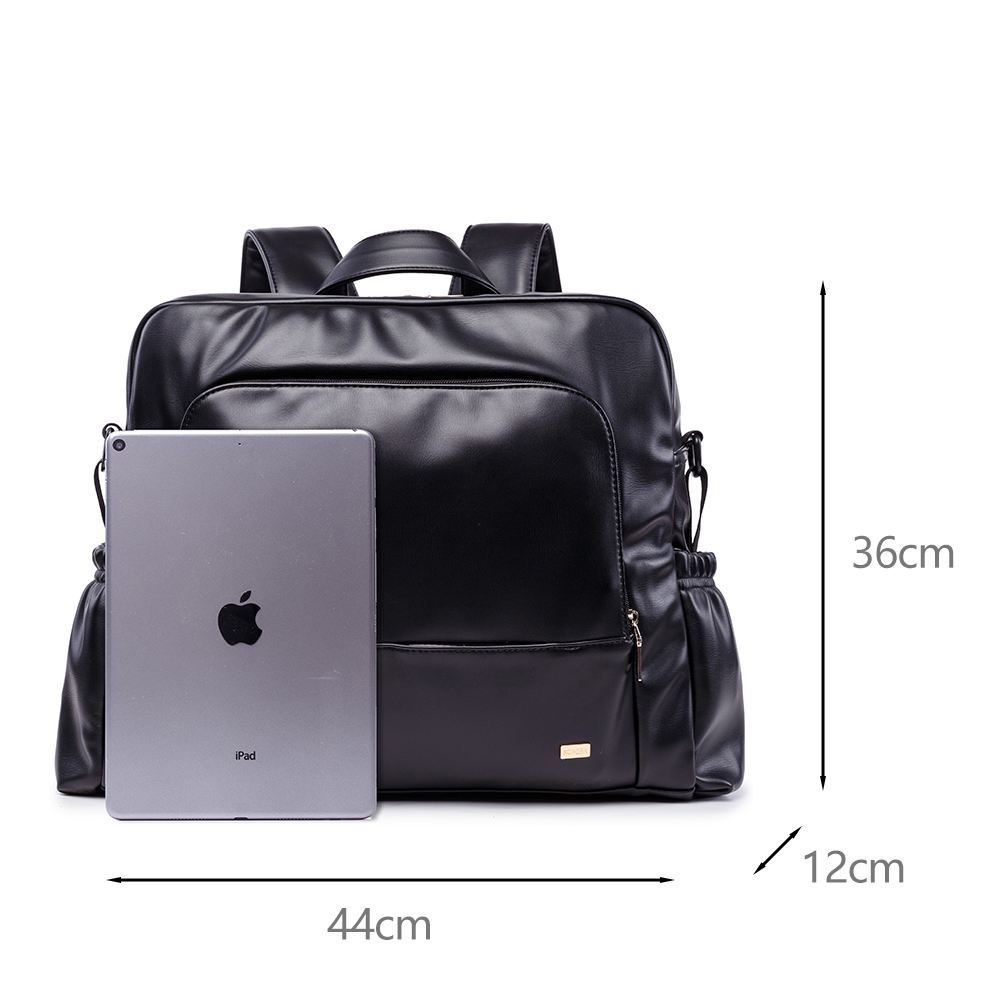 Waterproof Black Diaper Bag, Smooth Leather, Large Capacity Nursing Changing Backpack for Newborn Baby, Stylish