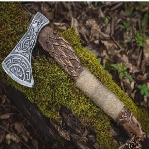Hand-Forged Carbon Steel Axe | Acid-Etched Head with Cutting Edge & Ash Wood Handle | Viking Style Handmade Axe