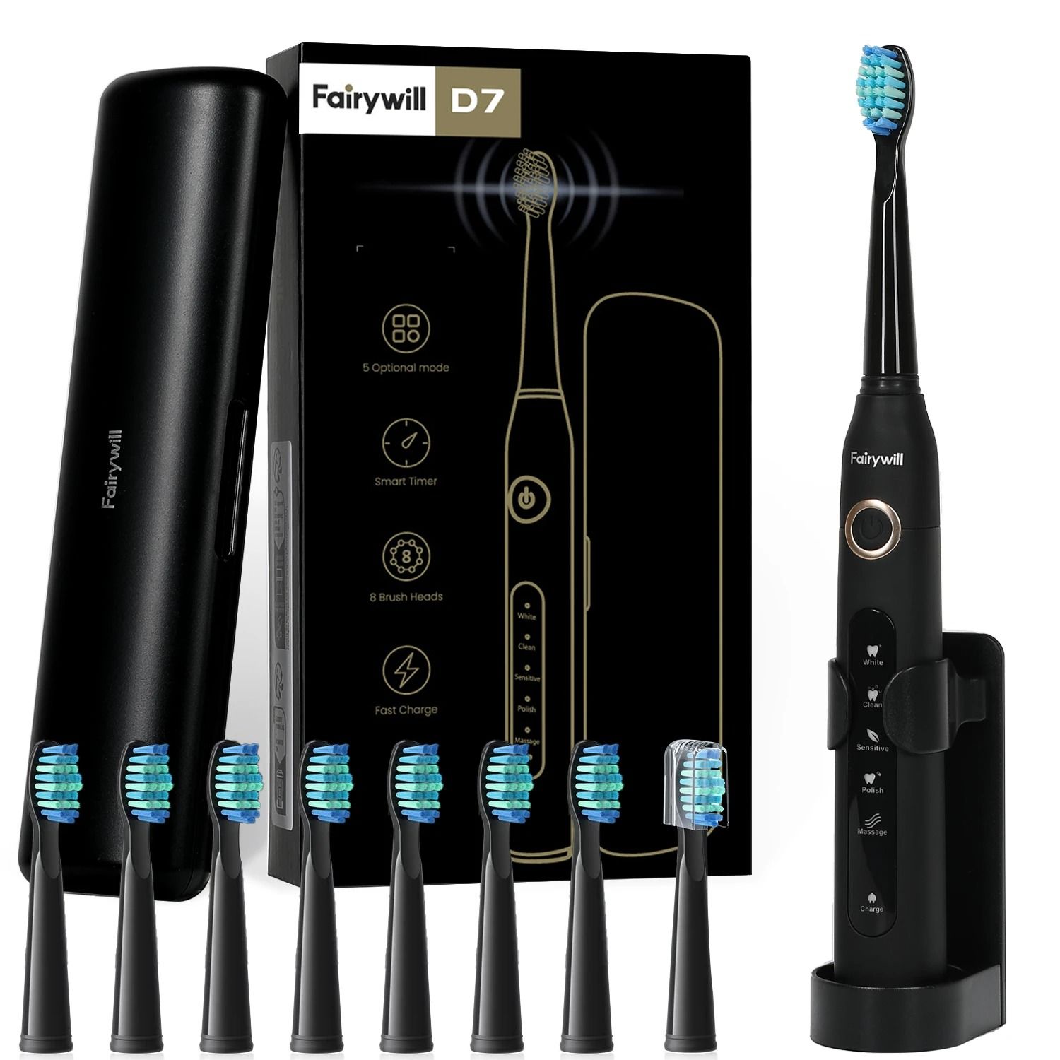Electric Sonic Toothbrush Set with Travel Case and 10 Brush Heads