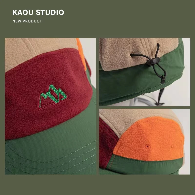 Short Brim Baseball Cap with Color Matching, Ear Protection, Winter Velvet Aviator Bucket Hat for Men and Women