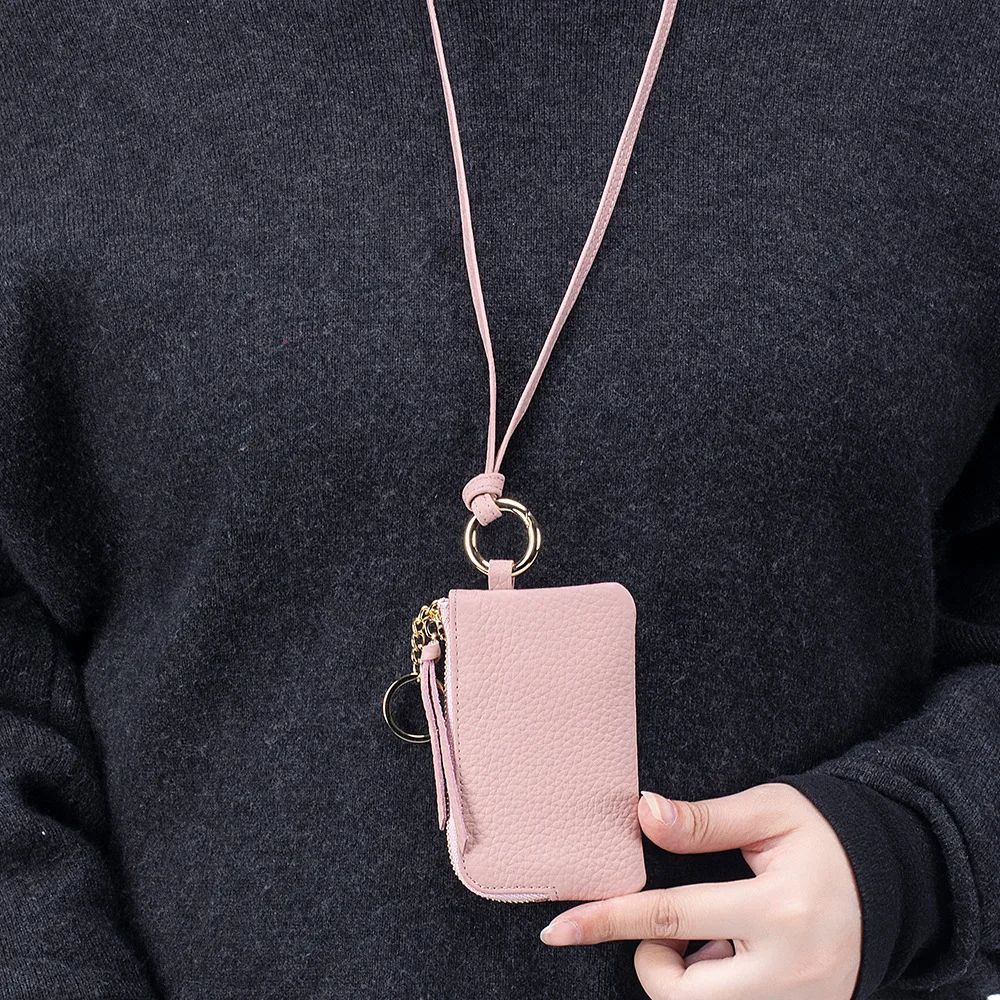 Genuine Leather Keychain Wallet Mini Card Holder with Zipper Coin Pouch