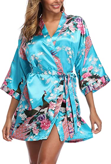 Sexy Crane Print Satin Silk Women Wedding Bridemaid Robe, Short Long Kimono Night Gown Robe Fashion Dressing Gown Female