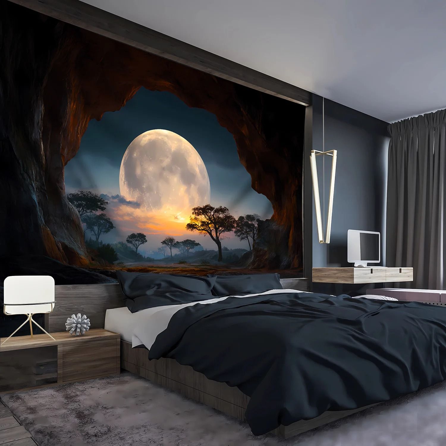 Forest Moon Wall Tapestry Nature Landscape Boho Wall Hanging Decor