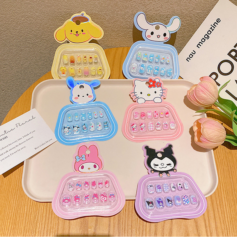 3D Rhinestones Sanrio Hello Kitty, Kuromi, My Melody Kids Press-On Nails with Bows, Self-Adhesive Nail Stickers