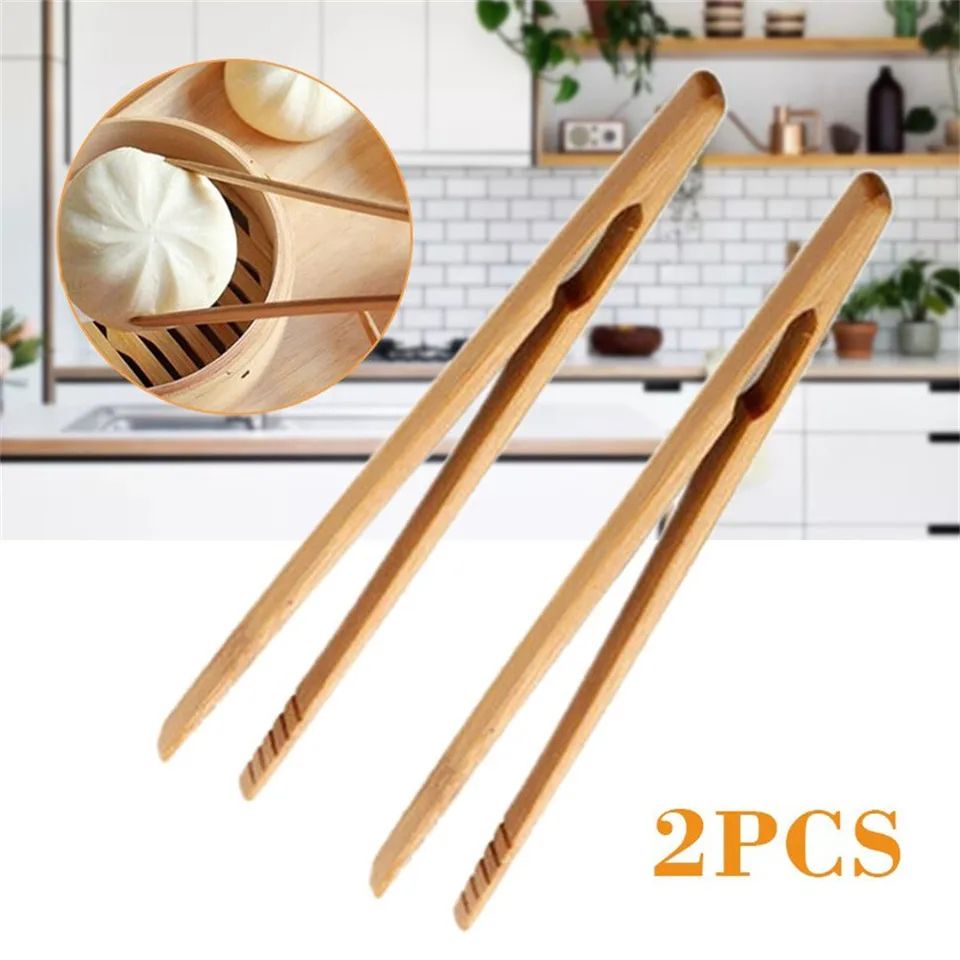 2 Pcs Bamboo Wooden Kitchen Tongs – Eco-Friendly 7 inches Toast, Salad & Tea Serving Tongs