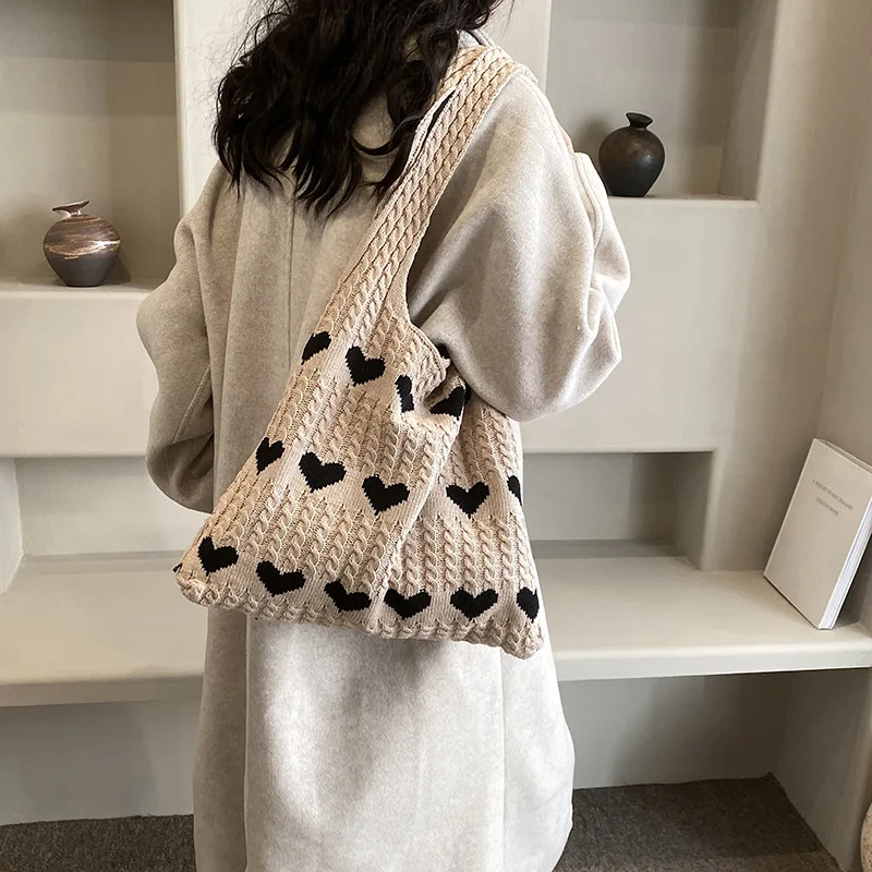 Summer Women's Handmade Knitted Bag Woolen Underarm Shoulder Love Bag