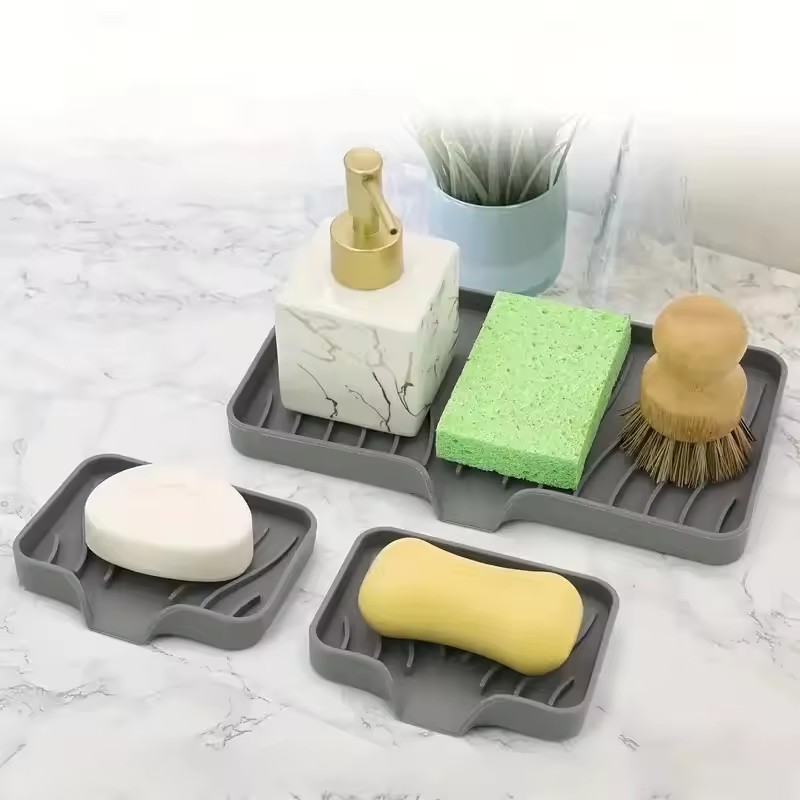 Silicone Faucet Mat & Sink Tray – Multifunctional Kitchen Storage Tray for Soap, Sponge, and Dishware