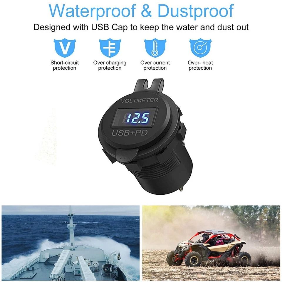 Car Fast Charger, PD QC Dual USB Power Socket Outlet with LED Voltmeter, Waterproof, Charging Power