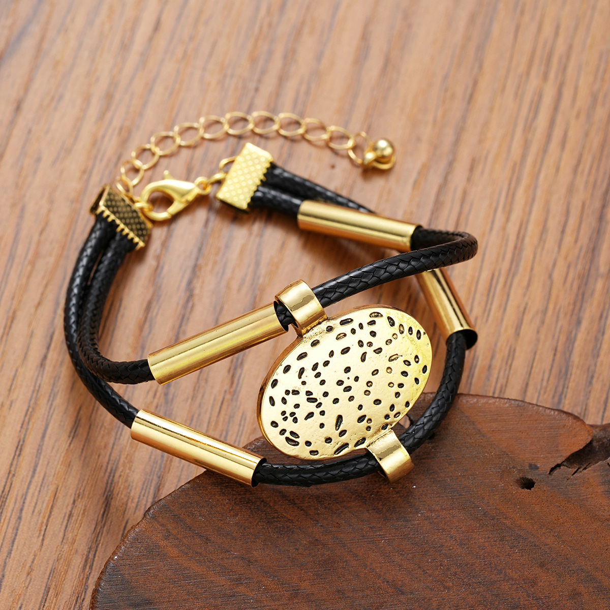 Oval Metal Necklace & Bracelet with Faux Leather Double Layered Chain, Elegant & Adjustable