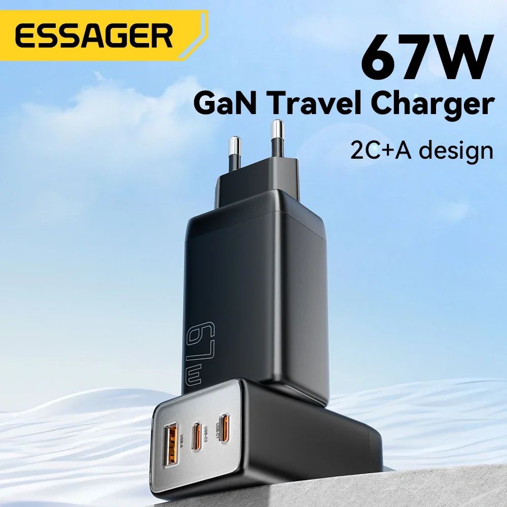 Essager 67W GaN USB-C Fast Charger – PD 3.0 QC 3.0 3-Port Wall Charger for iPhone, Samsung, Xiaomi & Laptops