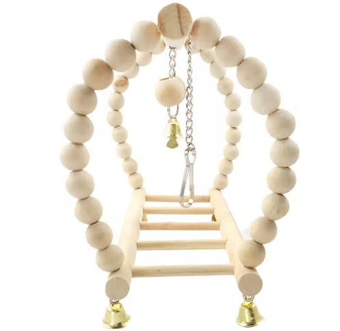 Wooden Parrot Swing & Climbing Toy with Bells – Hanging Ladder Playstand Hammock
