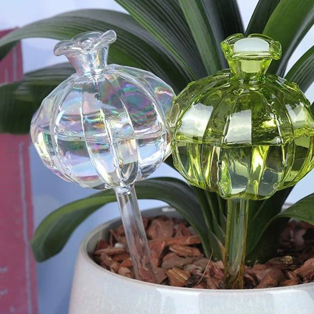 Glass Pomegranate Flower Plant Watering Globes Lazy Self Watering Drippers Set of 2