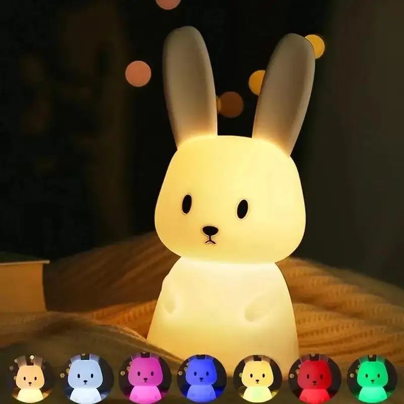 GGbingo Cute Rabbit Silicone LED Night Light – Touch Sensor 7 Color Rechargeable Kids Bedside Lamp