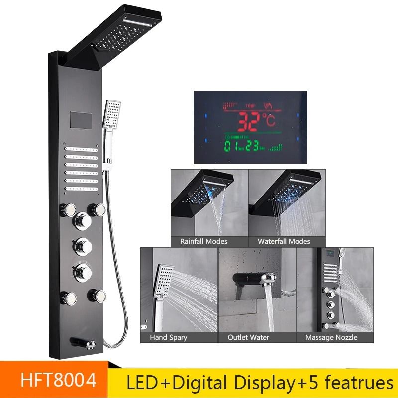 LED Rainfall Shower Panel with Digital Display and Massage Jets