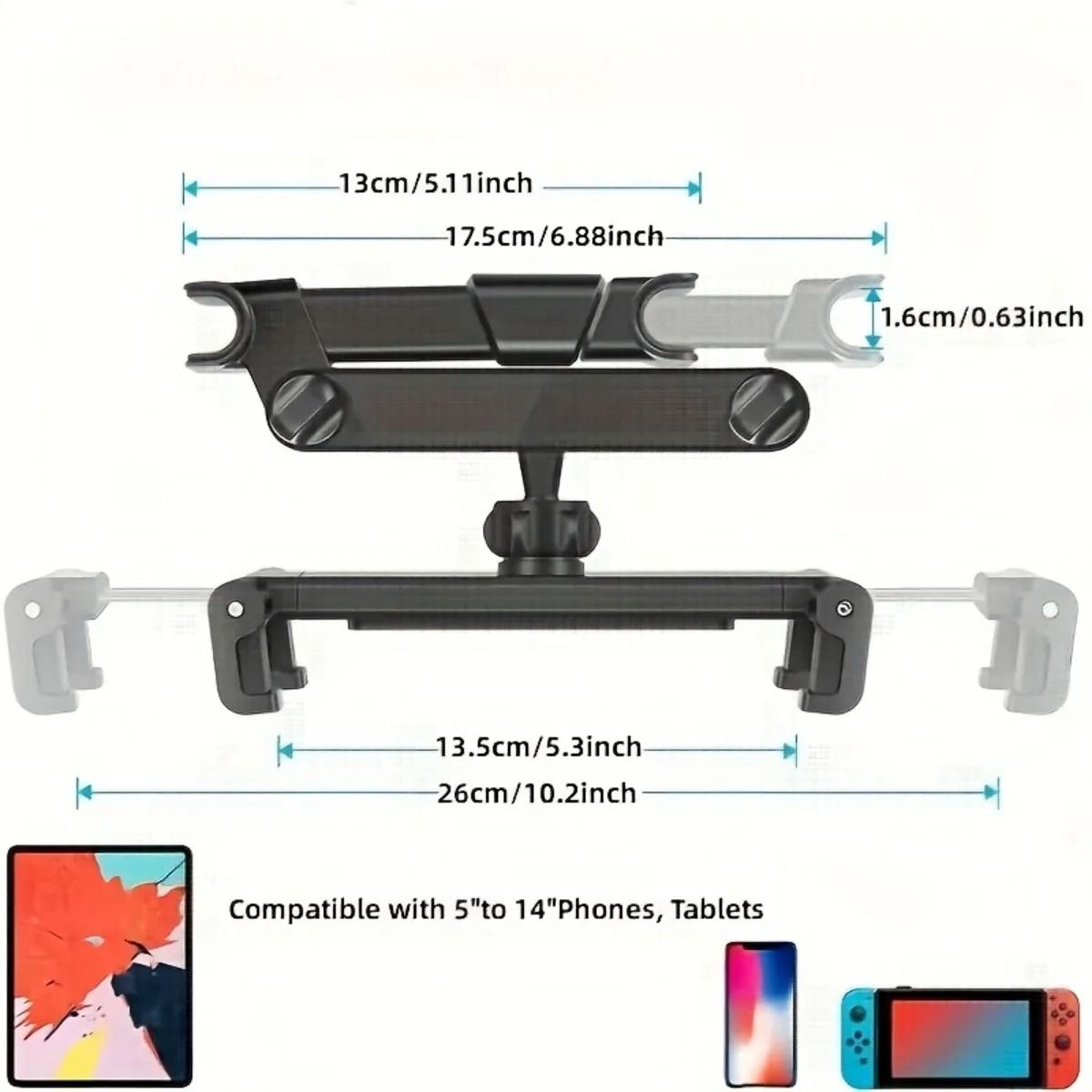 Car Headrest Tablet Holder With Adjustable Mount For Phones And Tablets