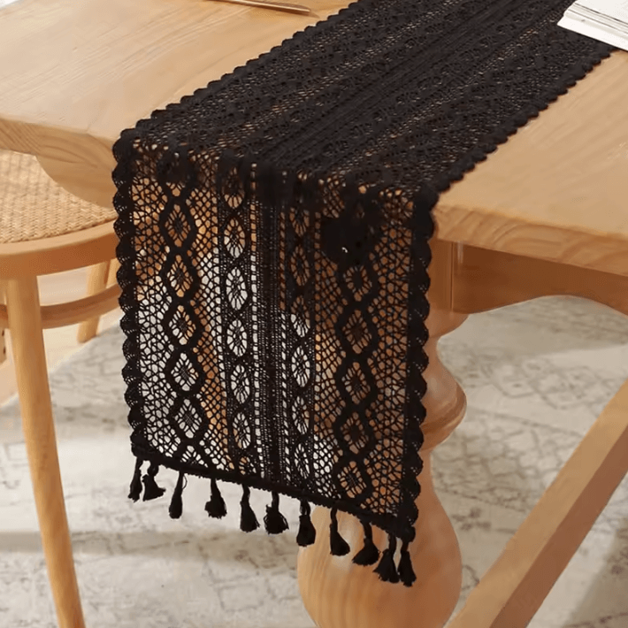 Vintage Beige Crochet Lace Table Runner – Tassel Boho Farmhouse Decor