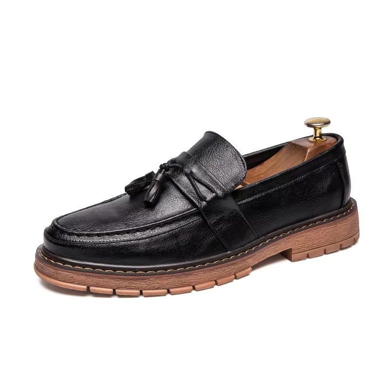Men's Slip On Leather Loafers Retro Casual Shoes Thick Sole Round Toe Handmade Fringe Design