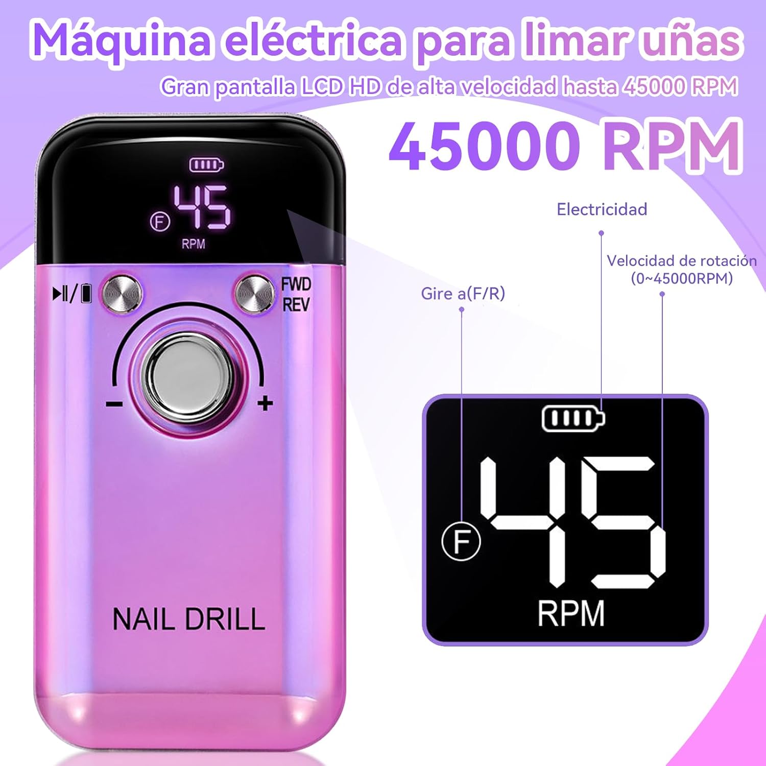ProPower 45000RPM Rechargeable Electric Nail Drill Kit Portable Nail File Machine for Salon Quality Gel Nail Care