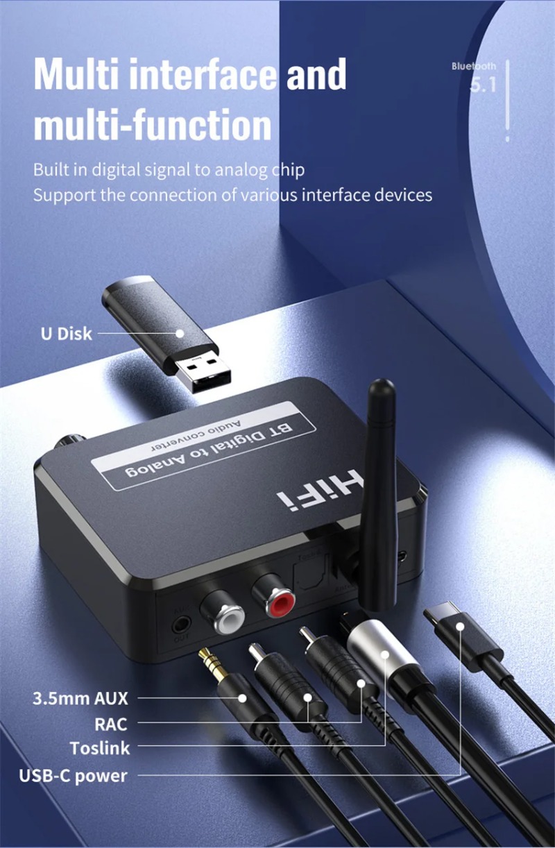 Analog Audio DAC Converter Adapter, Digital SPDIF Optical Toslink to 3.5mm AUX/RCA with Bluetooth 5.0 Receiver