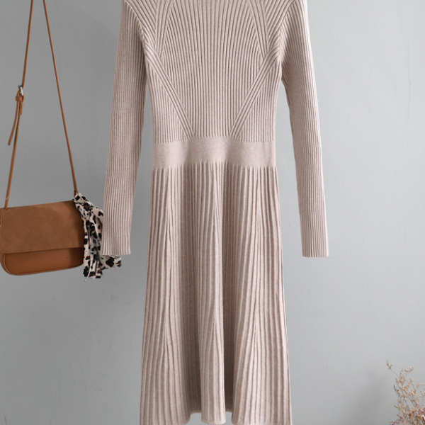Thick Knit Autumn Winter Dress Female, Slim Long Sweater Dress Women, Slim A-line Basic Dress Casual