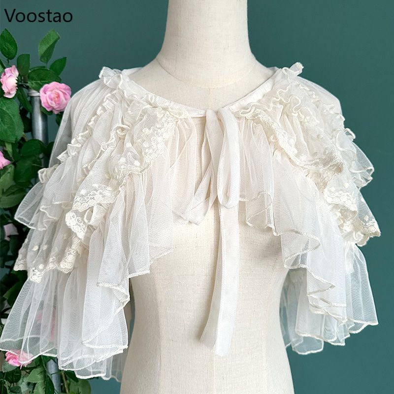 Sweet Kawaii Lolita Short Shawl Coat Women Lace Mesh Gothic Retro Cute Princess Capes Open Front Poncho Cardigan