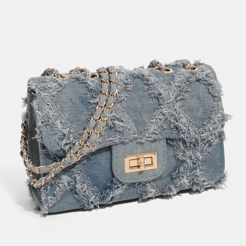Trendy Shredded Denim Diamond Crossbody Chain Bag