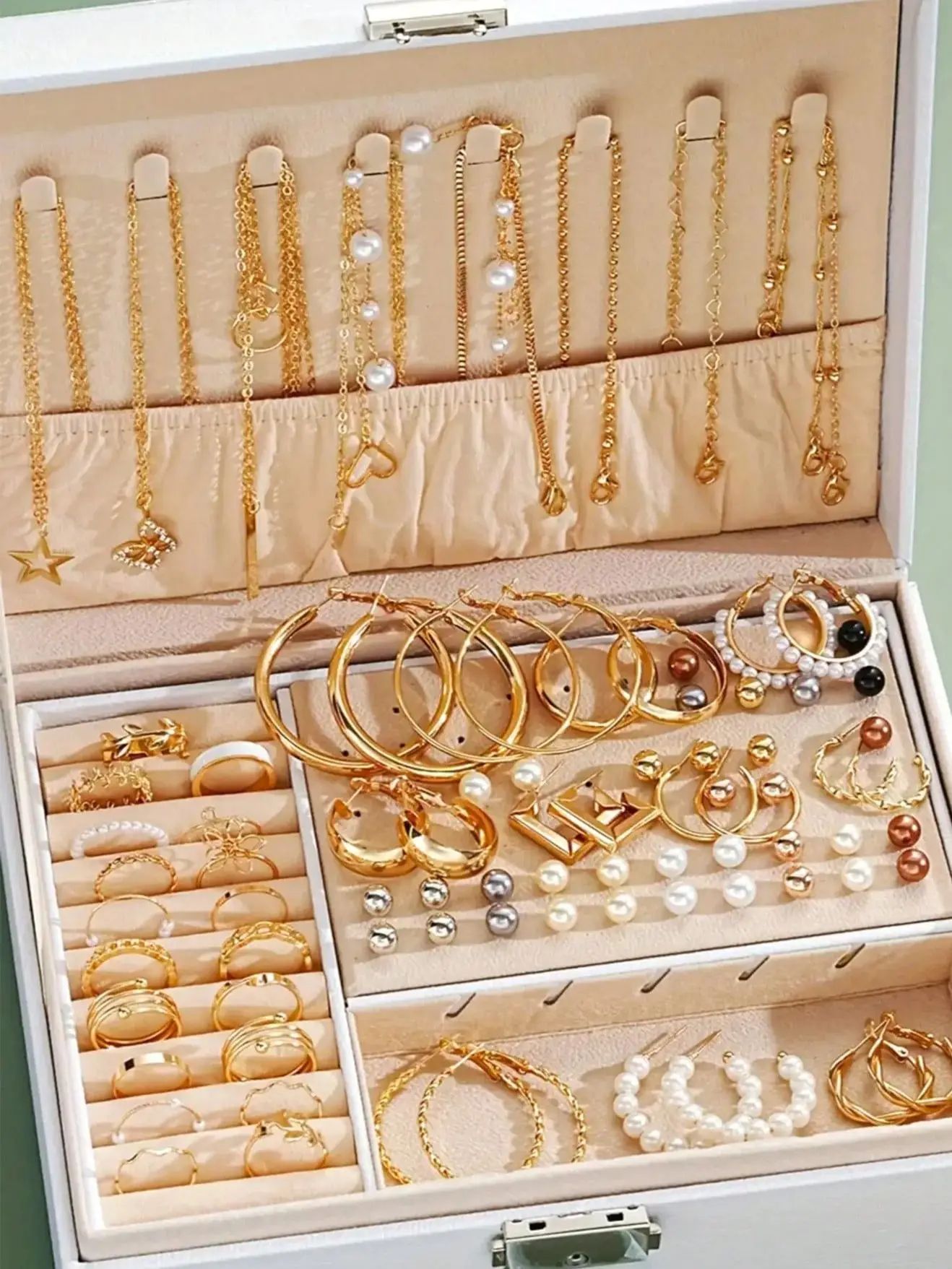 86-Piece Elegant Pearl Jewelry Set – Multi-Layer Necklace, Earrings, Rings & Stud Collection