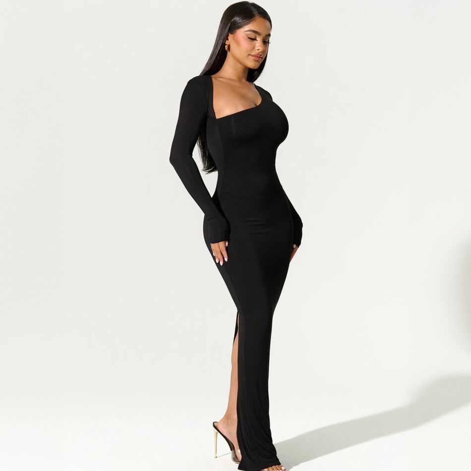 Diagonal Collar Slim Fitting Party Maxi Dress for Autumn Women Long Sleeved Elegant Split Style