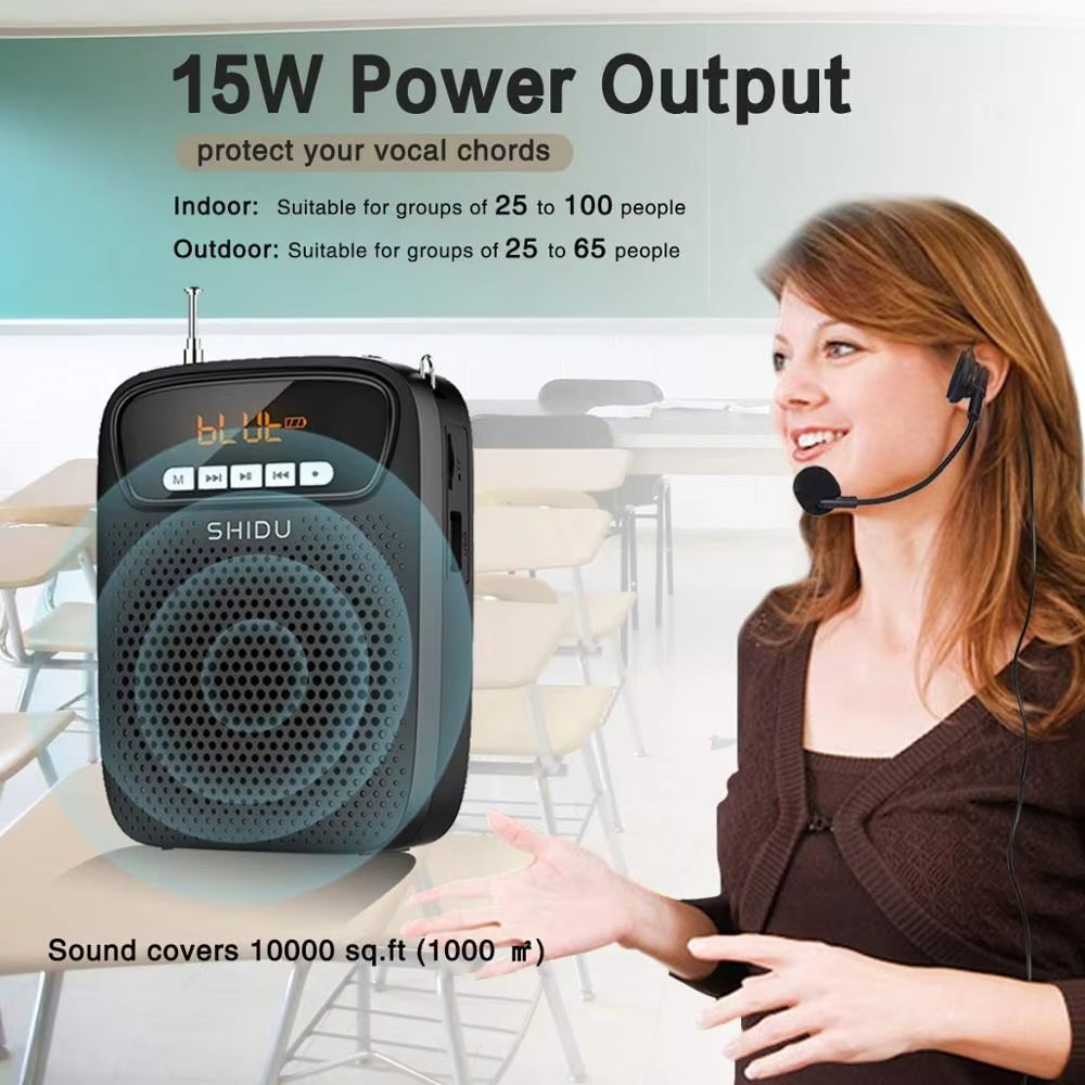 SHIDU 15W Portable Voice Amplifier with Wired Microphone, Bluetooth Speaker & FM Radio
