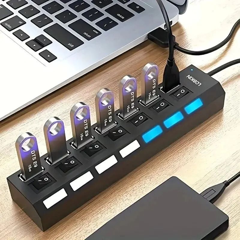 High Speed USB Hub 4 Port or 7 Port Multi Splitter with LED Switch for PC and Laptop