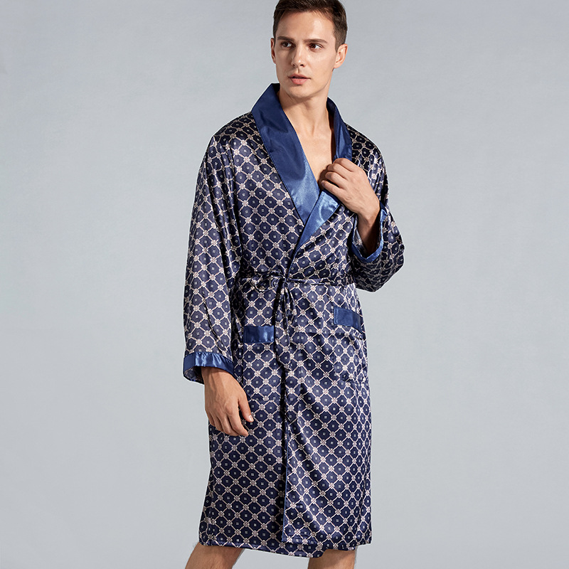 Navy Blue Stripe Men Kimono Bathrobe Gown Satin Sleepwear with Pocket Summer Lounge Wear