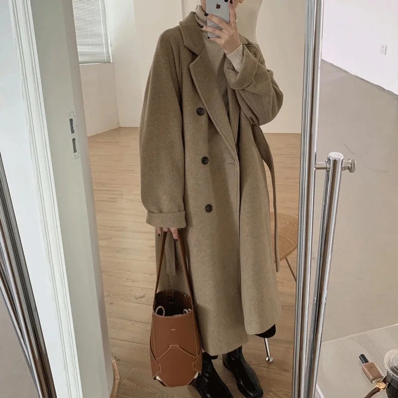 Women's Woolen Coat, Hepburn Style, Mid Length, Loose Fit, Thickened Autumn Winter Coat